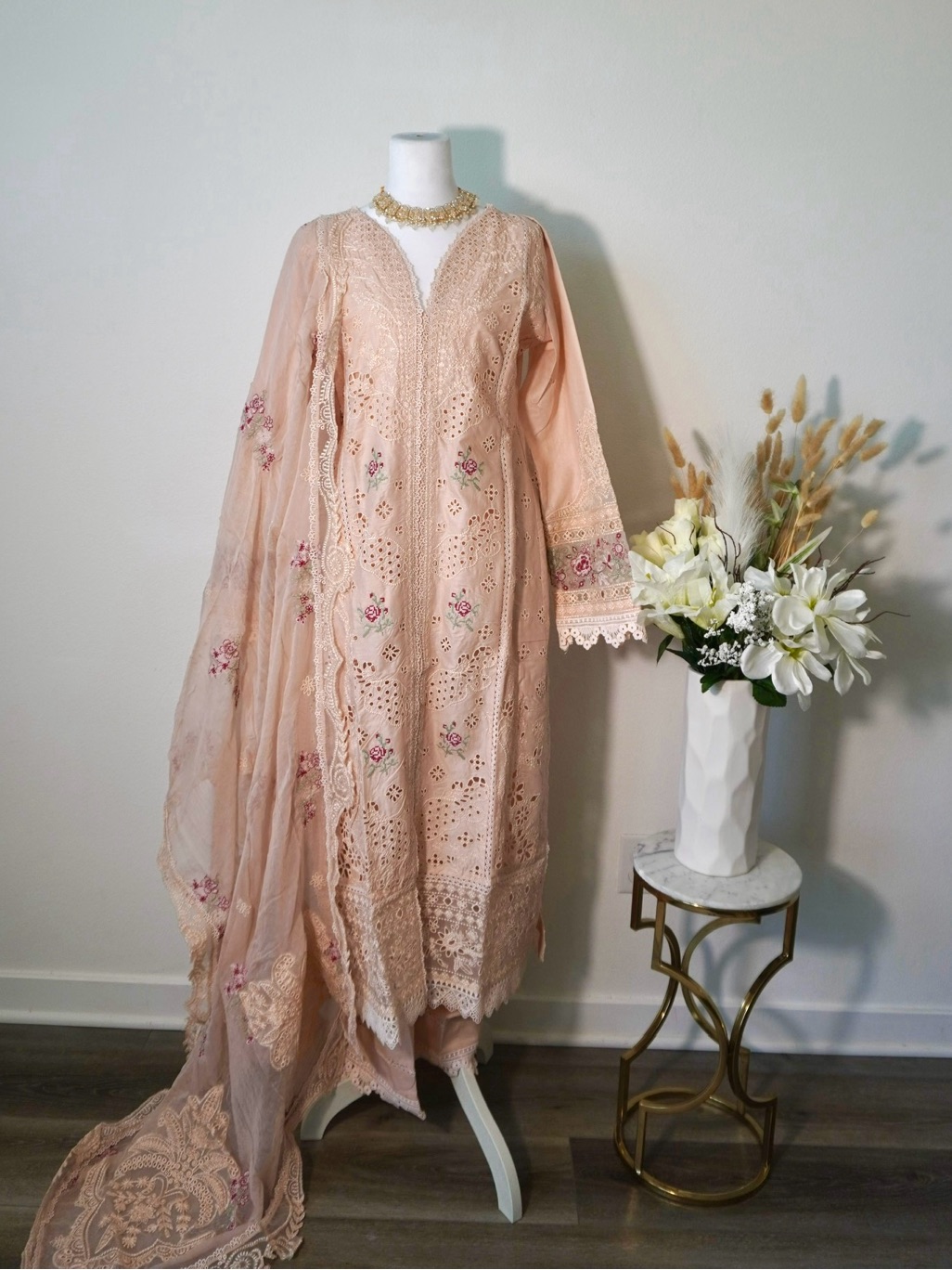 Elegant Long Sleeve Pakistani Kurta Dress In Peach Color Cotton